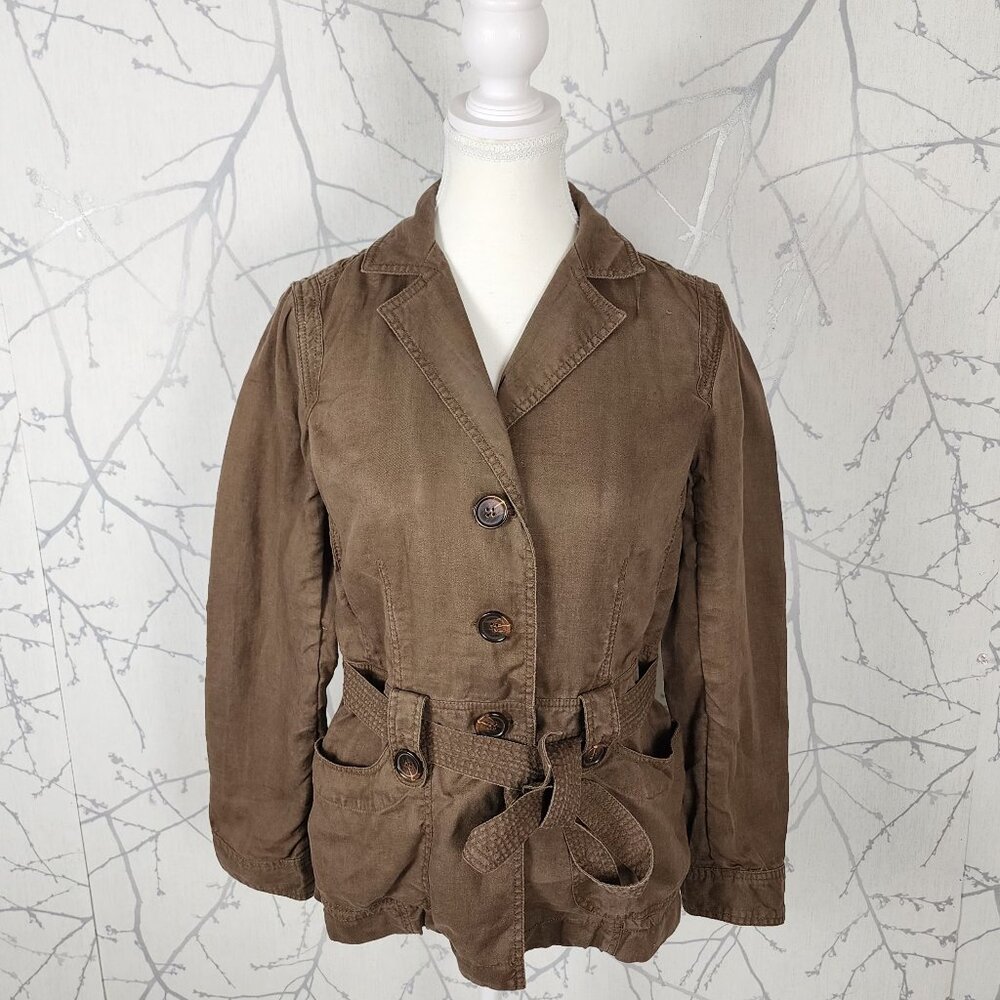 Pablo Gerard Darel Beige Tan 100% Linen Button Front Belted Jacket